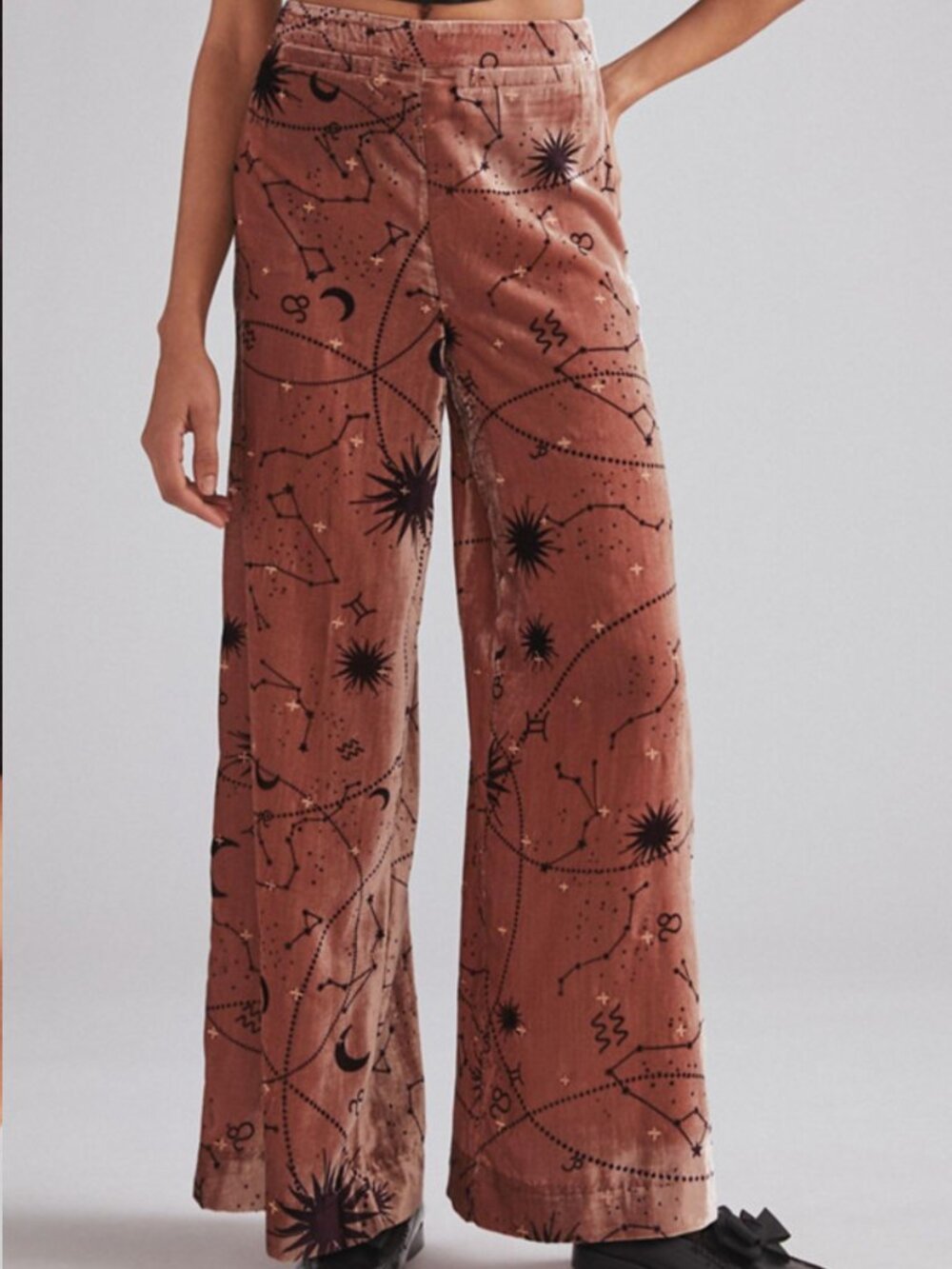 Anthropologie Embroidered Velvet Wide-Leg Pants Celestial Zodiac Brown Size 8 - Picture 5 of 13